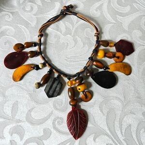 Vintage Carved Horn Leaf Toggle Necklace